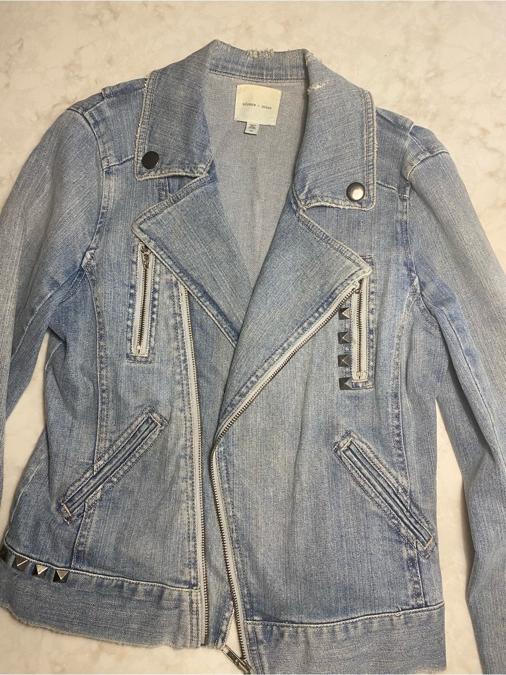 Silence + Noise Light Wash Denim Moto Jacket with Stud Details Medium
